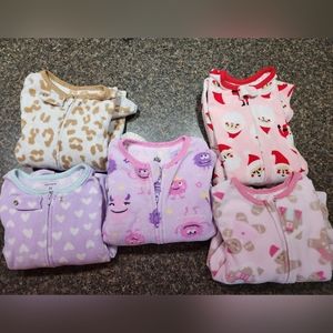 Toddler Girls 2T Fleece Footed Zip Jammies PJs Sleepwear lot. (5 Items)